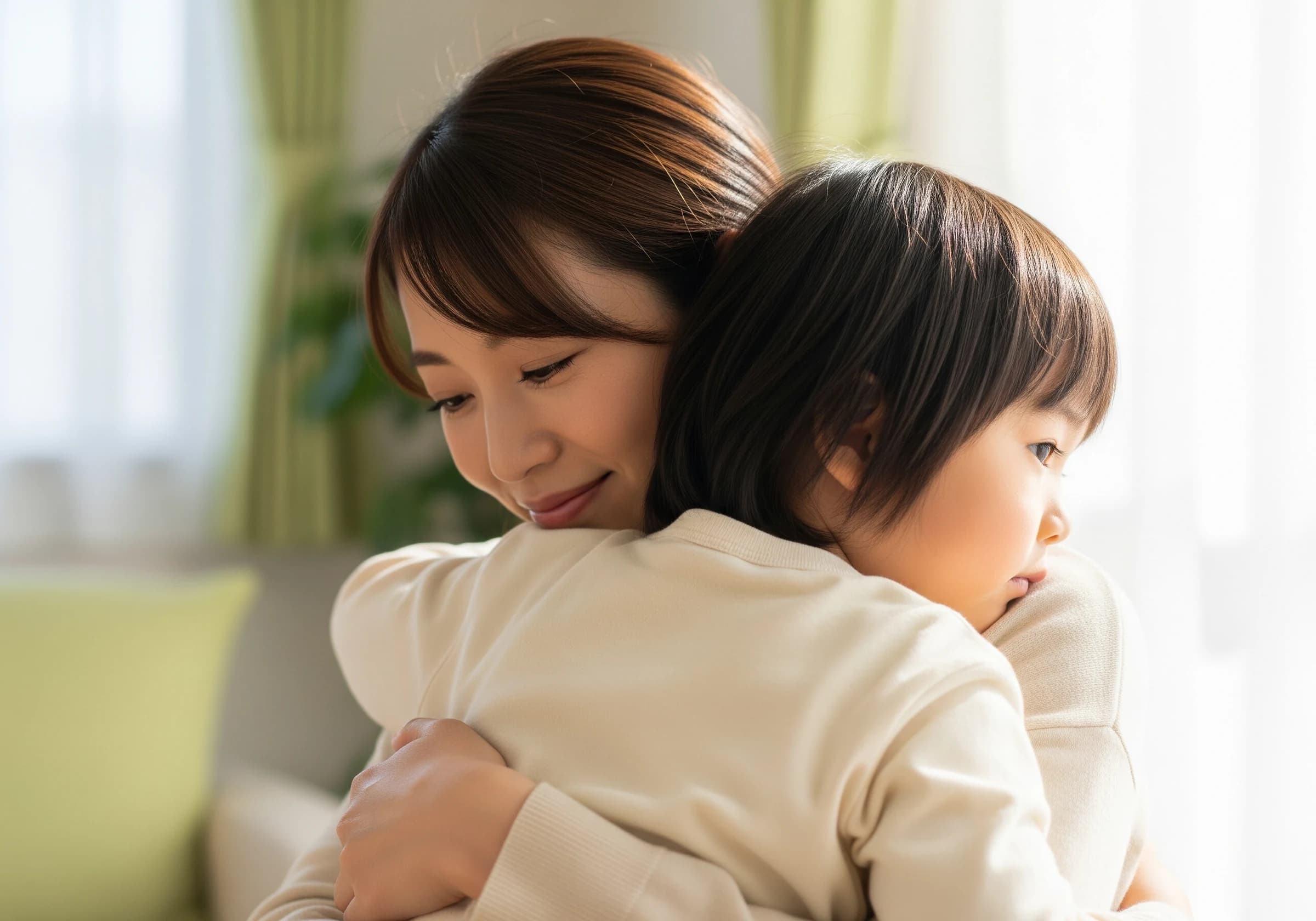 窓辺でお子さんを抱きしめるお母さん