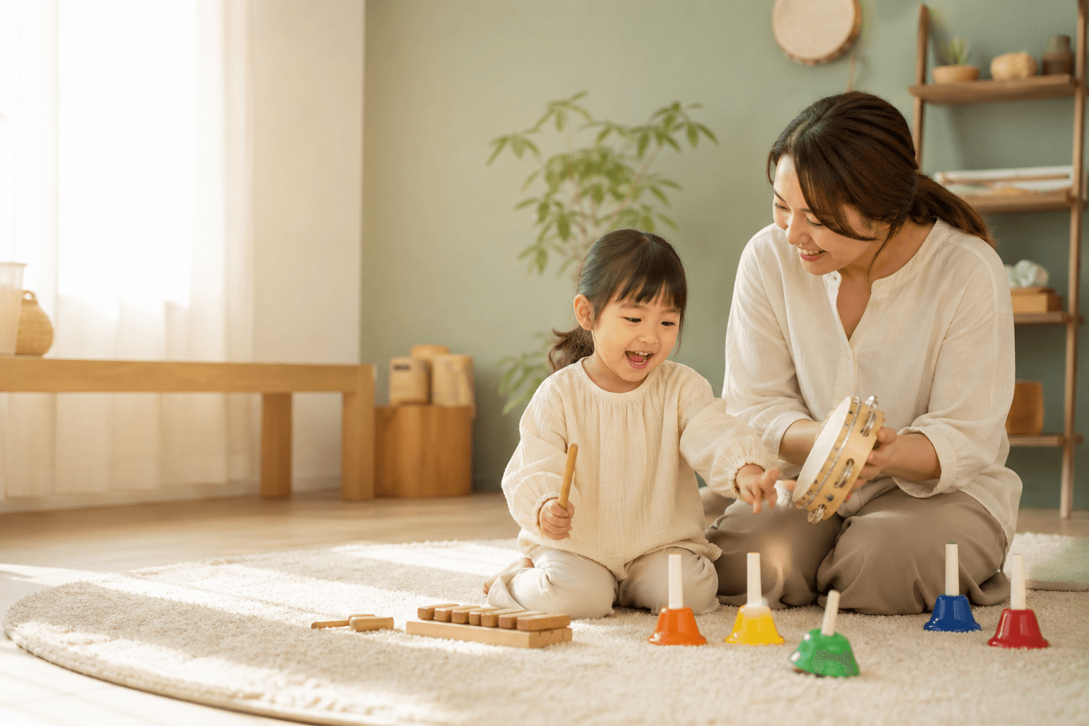 小さな楽器で一緒に遊ぶお母さんとお子さん